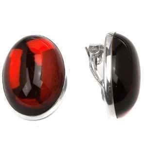  Sterling Silver and Cherry Color Amber Oval Clips Earrings 