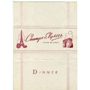  Champs Elysees Restaurant Menu New York City 1945 