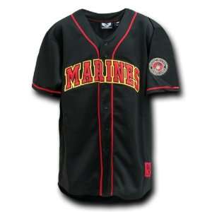 BLACK Fully Button Down Military MARINES Logo Baseball Jersey Size 