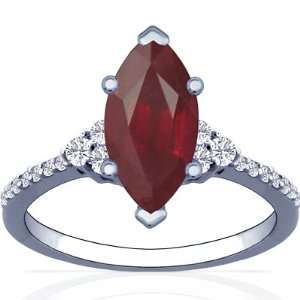  14K White Gold Marquise Cut Ruby Ring With Sidestones 