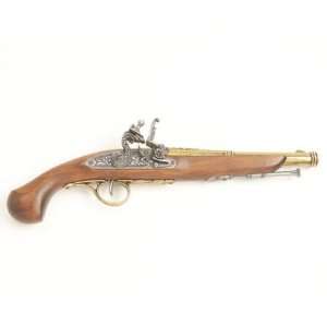 18th Century Engraved Flintlock Pistol Replica   Brass Finish