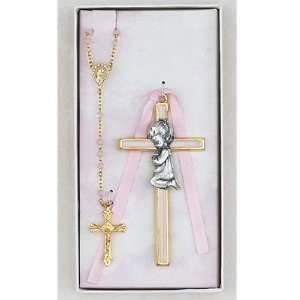  Childrens Crib Pink Cross And Rosary Set, Boxed 