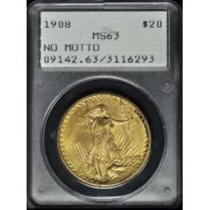  Saint Gaudens $20 Gold 1908 No Motto PCGS MS 63 