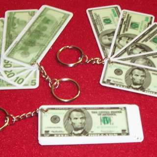 Each Key Chain has 5 mini plastic bill on it $5, $10, $20, $50 & $100