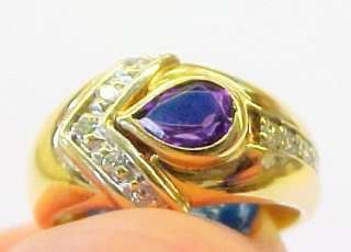 Amethyst Solitaire, and Diamond Accented 14KT Solid Yellow Gold Ring 