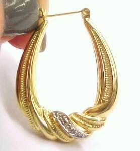 Diamond Chip Accented / Large 14K Solid Yellow Gold Hoop Earrings 