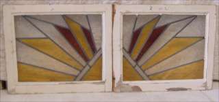 Pair of Antique Stained Glass Windows Art Deco Sun Rays  