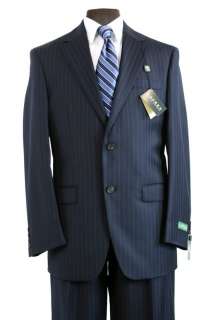 Ralph Lauren Mens Suit Two Button Flat Front Navy blue Stripe 100 % 