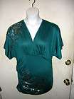 Teal Silver Foiled V Neck Ruched Mini Dress Tunic Top 1X 2X 3X Sexy 