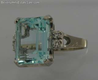 Magnificent 9C Aquamarine 14k White Gold 4 Diamond Ring  