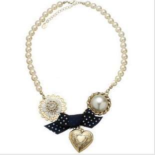 Retro Sweet Heart Bowknot Flower Pearls Necklace 007  