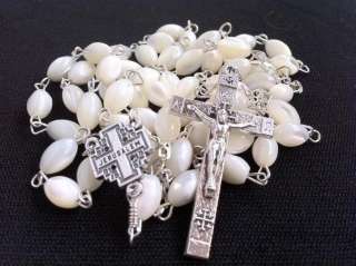 Natural Mother of Pearl Hand Made Rosary with Jerusalem Cross and 