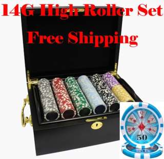 500 14G HIGH ROLLER CLAY POKER CHIPS SET MAHOGANY CASE  