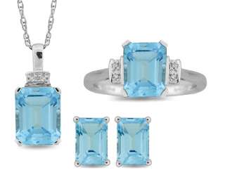 20 Blue Topaz & Diamond Pendant, Ring, and Earrings 10k White Gold 