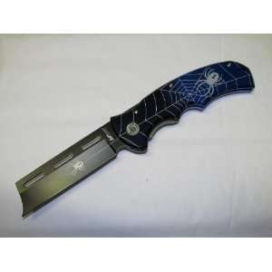  762 Razor Blade Blue Spider Handle Folder Pocket Knife 