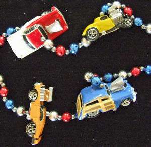 HOT RODS 4 Super Cars Mardi Gras Bead Necklace Beads  