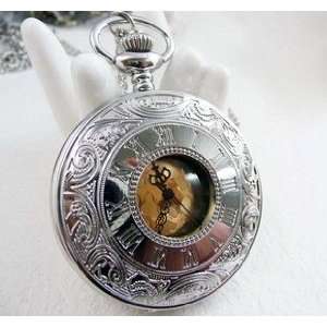  White Steel Large Surface Gold Roman Numeral Pocket Watch 