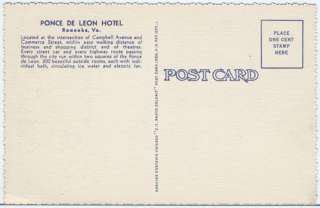 PZln Roanoke VA Ponce de Leon Hotel 1940 Curteich  