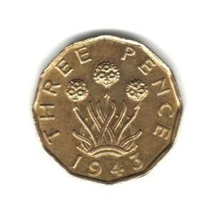  1943 Great Britain U.K. England Three Pence Coin KM#849 