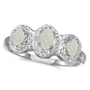   Opal and Diamond Three Stone Ring 14k White Gold Allurez Jewelry
