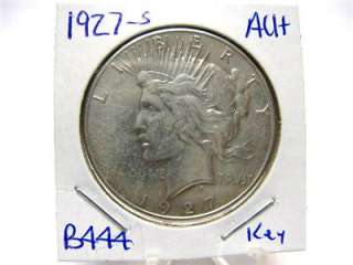 KEY 1927 S PEACE DOLLAR VERY NICE AU+++++ ESTATE COINS b444  