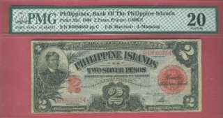 PHILIPPINES 1906 TWO PESO SILVER CERT. P 32d PMG VF 20  