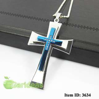 Mens Stainless Steel Diamond Multi Blue Cross Chain Pendant Necklace 