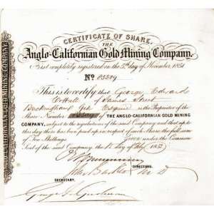  Anglo California Gold Mining Company Stock Certificate 