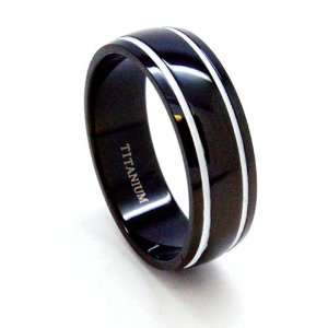 8mm Black Titanium with 2 White Lines Wedding Ring Mens Wedding Rings 