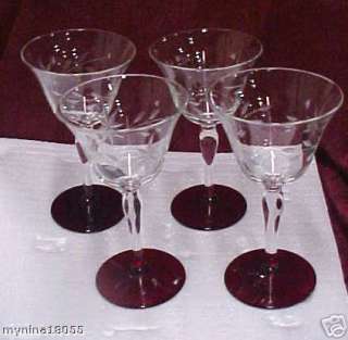 Beautiful Etched Crystal Glass set w/ Cranberry Base  