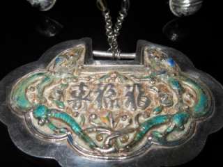 Important 19thC ANTIQUE CHINESE SILVER & ENAMEL LOCK NECKLACE 17 IN 