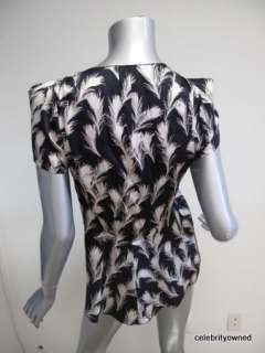 Rozae Nichols Black/Silver Feather Print V Neck Short Sleeve Blouse S 