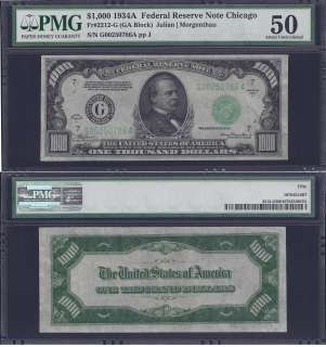 1934A $1000 ONE THOUSAND DOLLAR BILL FEDERAL RESERVE NOTE FRN PMG 