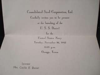 WWII U.S.S. DANIEL LAUNCHING INVITE ORANGE TEXAS 1943  