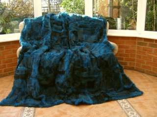 Luxury real RABBIT fur throw blanket 215 x 200cm turquoise blue colour 