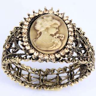 Golden Yellow Copper Rose Woman Crystal Resin Bead Bangle Bracelet 