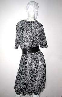 Vtg 80s ROSE floral Black WHITE sheer TENT mod Dress OS features 