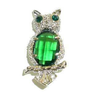    Jewelry Pin   Silverplated Green Crystal Belly Owl Pin Jewelry