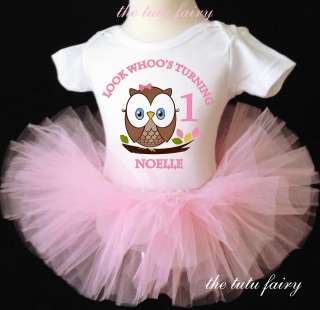 Look Whoos One Two 1 Birthday Girl Owl outfit set light pink tutu 