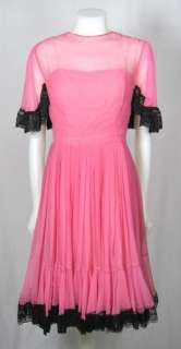 VTG 50s 60s PINK CHIFFON PARTY DRESS w BLACK LACE & FULL PLEATED SKIRT 