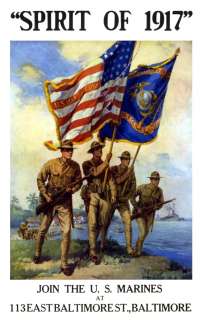   of 1917 Poster showing marines on a beach, carrying rifles and flags
