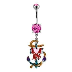 14G 3/8 Pink Prong Set with Tattoo Inspired Anchor with Pink Heart in 