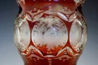   19C BOHEMIAN CRANBERRY & CLEAR ACID ETCHED ART GLASS VASE 