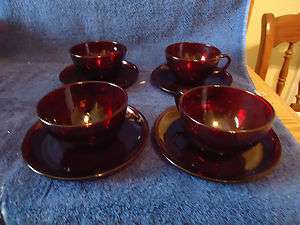 Anchor Hocking Royal Ruby Cups & Saucers 4 sets  