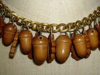  Deco Brass & Autumn Carved Wood Acorn & Leaves Necklace 16  