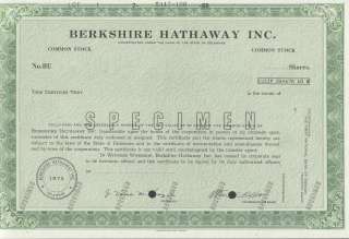   HATHAWAY INC STOCK SPECIMEN W/ WARREN BUFFET FACSIMLE SIGNTURE HV714
