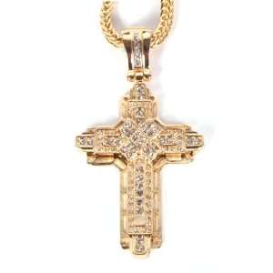 Gold Iced Out 3D Spaced Edge Cross Pendant with a 36 Inch Franco Chain 