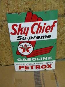 Old Texaco Sky Chief w/ Petrox Porcelain Gasoline Motor Oils Pump Sign 