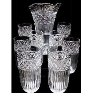  24% Lead Cut Crystal Pitcher & 8 Highball Glasses Kitchen 
