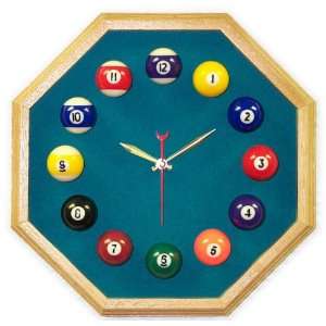   13in Octagon Billiard Clock Oak & Std Green Mali Felt 